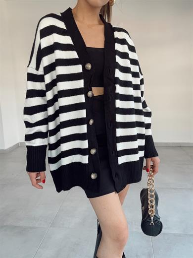 Siyah-Ekru Çizgili Uzun Hırka