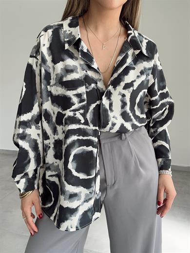 Siyah-Ekru Desenli Cepli Oversize Gömlek
