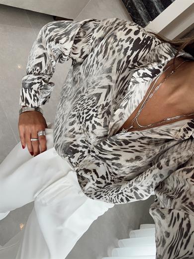 Siyah-Ekru Leopar Desen Gömlek