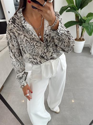Siyah-Ekru Leopar Desen Gömlek