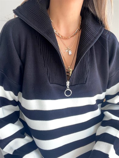 Siyah-Ekru Önden Fermuar Detaylı Triko Kazak