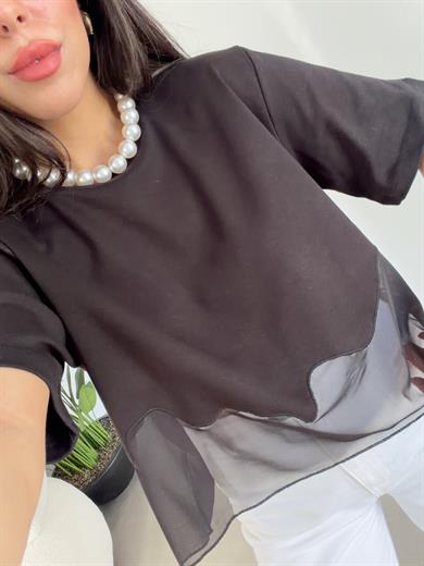 Siyah Eteği Tül Garnili Tshirt