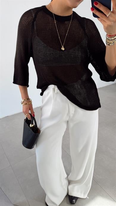 Siyah File Örgü Oversize Triko Bluz