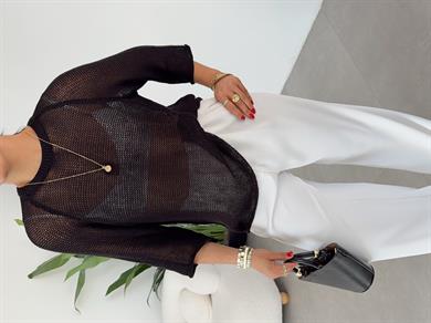 Siyah File Örgü Oversize Triko Bluz
