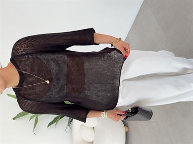 Siyah File Örgü Oversize Triko Bluz