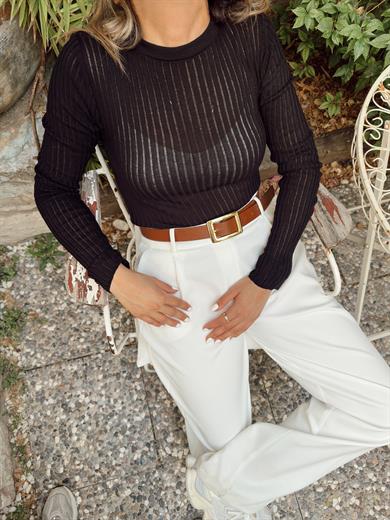 Siyah Fitilli Ajurlu Triko Kazak