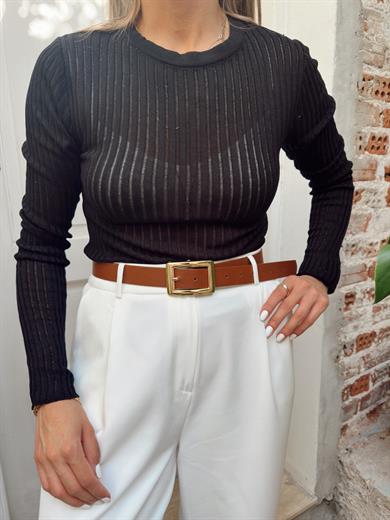 Siyah Fitilli Ajurlu Triko Kazak