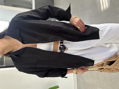 Siyah Flamlı Keten Çift Cep Oversize Gömlek