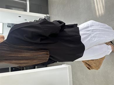 Siyah Flamlı Keten Çift Cep Oversize Gömlek