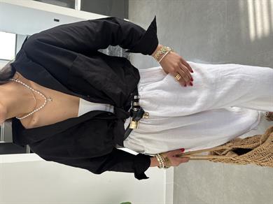 Siyah Flamlı Keten Çift Cep Oversize Gömlek