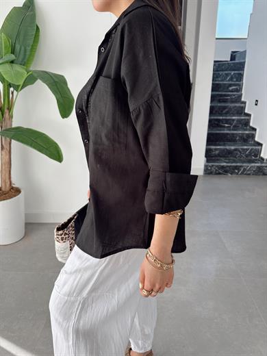 Siyah Flamlı Keten Tek Cep Oversize Gömlek