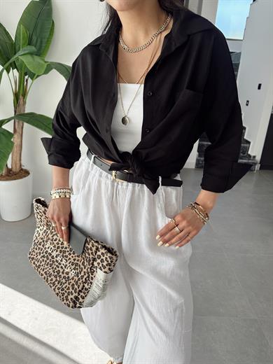 Siyah Flamlı Keten Tek Cep Oversize Gömlek