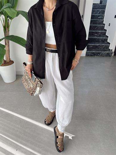 Siyah Flamlı Keten Tek Cep Oversize Gömlek