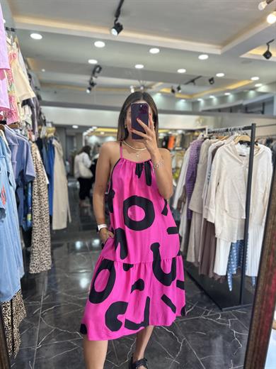 Siyah-Fuşya Viskon Sırt Çapraz Kısa Elbise