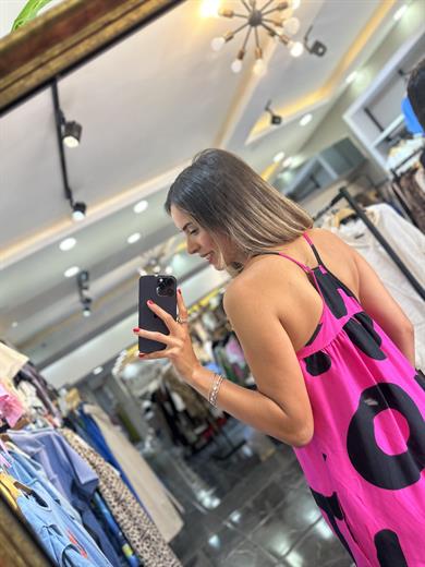 Siyah-Fuşya Viskon Sırt Çapraz Kısa Elbise