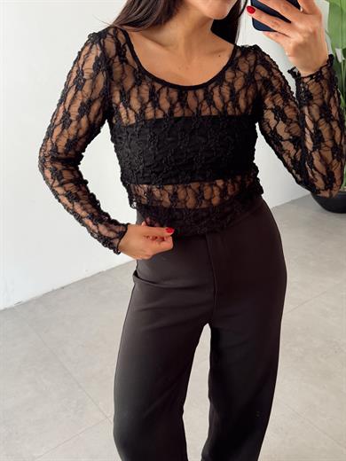 Siyah Geniş Yaka Dantel Bluz