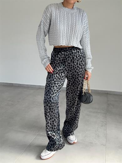 Siyah-Gri Leopar Desen Pantolon