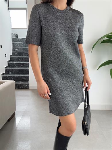 Siyah Gümüş Bisiklet Yaka Parlak Dokulu Triko Elbise