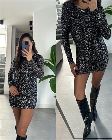 Siyah-Gümüş Dar Tül Elbise