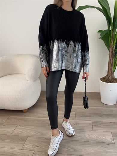 Siyah-Gümüş Varak Baskılı Kazak