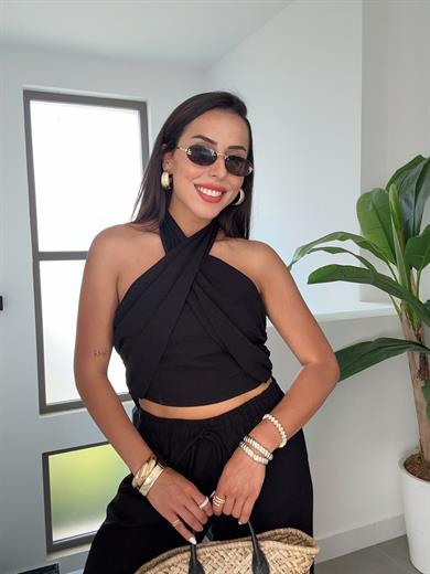 Siyah Halter Yaka Bluz Takım