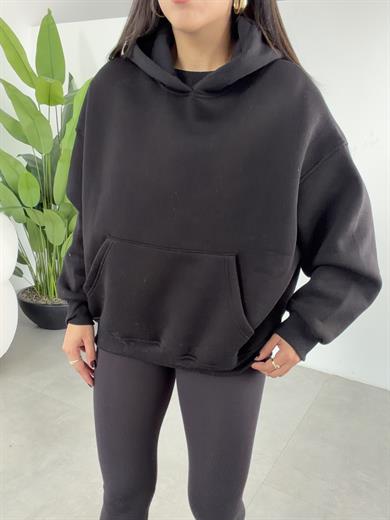 Siyah İçi Şardonlu Kapşonlu Sweatshirt