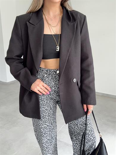 Siyah İki Düğmeli Keten Ceket