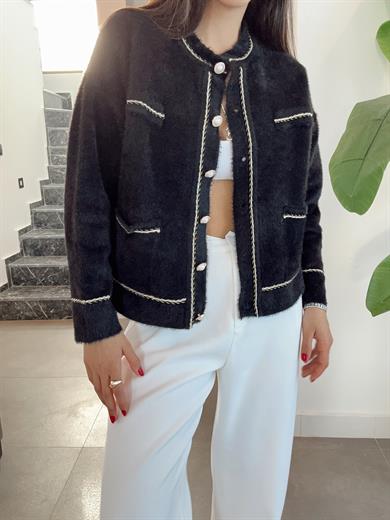 Siyah İnci Düğmeli Gold Biyeli Hırka