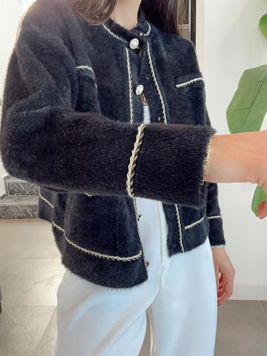 Siyah İnci Düğmeli Gold Biyeli Hırka