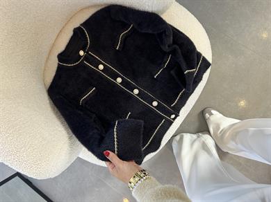 Siyah İnci Düğmeli Gold Biyeli Hırka