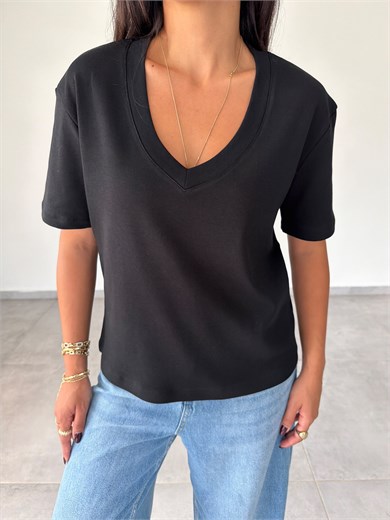Siyah İnterlok V Yaka Tshirt