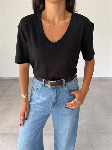 Siyah İnterlok V Yaka Tshirt