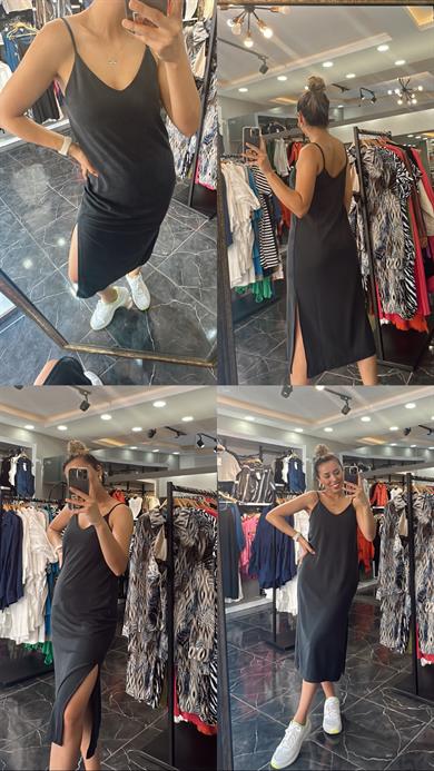 Siyah İp Askılı Petek Elbise