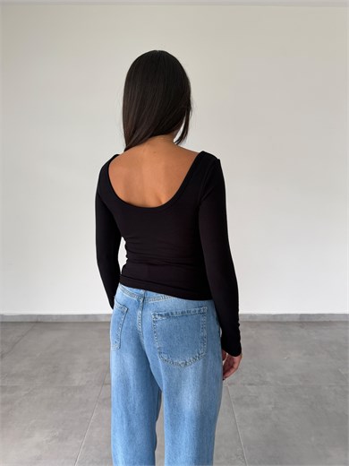 Siyah İpek Kaşkorse Gloplu Uzun Kollu Body