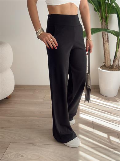 Siyah Kalın Kemerli Yandan Fermuarlı Palazzo