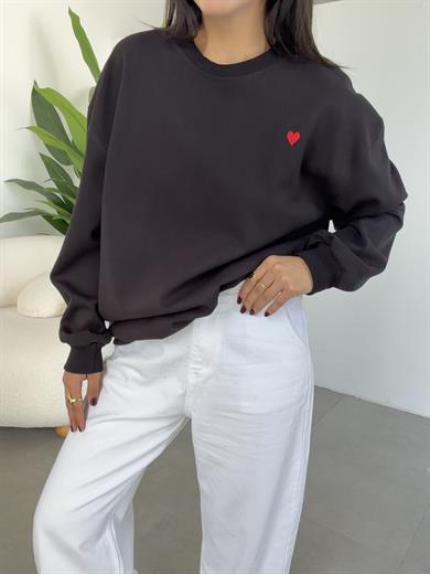 Siyah Kalp Nakışlı Sweatshirt