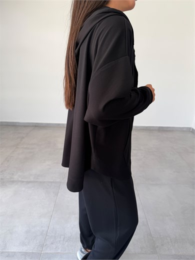 Siyah Kapüşonlu Fermuarlı Rahat Kesim Sweatshirt
