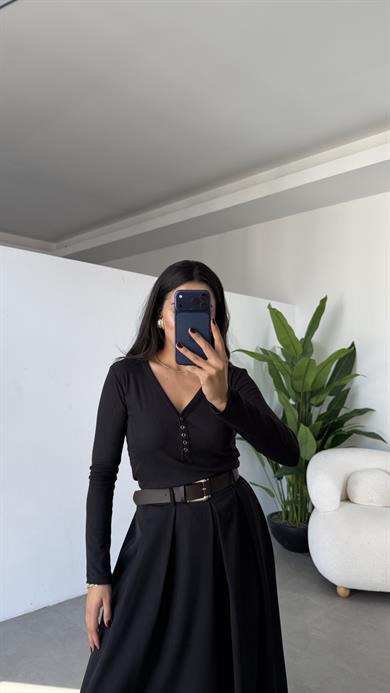 Siyah Kaşkorse Ön Çıtçıtlı Uzun Kol Body