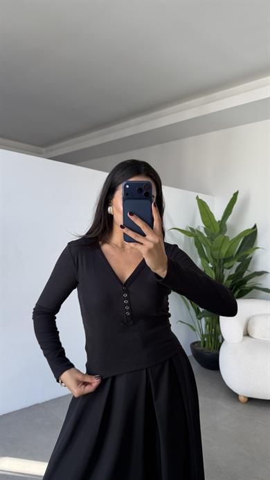 Siyah Kaşkorse Ön Çıtçıtlı Uzun Kol Body