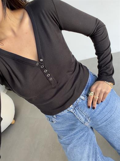 Siyah Kaşkorse Ön Çıtçıtlı Uzun Kol Body
