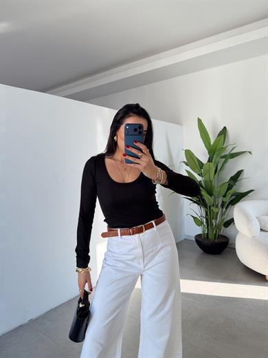 Siyah Kaşkorse U Yaka Uzun Kollu Bluz