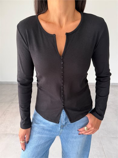 Siyah Kaşkorse V Yaka Önü Düğmeli Body