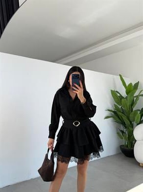 Siyah Kemerli Dantelli Elbise