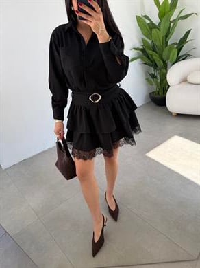 Siyah Kemerli Dantelli Elbise