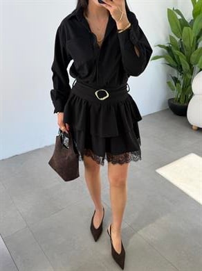 Siyah Kemerli Dantelli Elbise