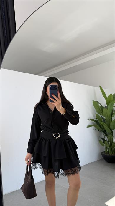 Siyah Kemerli Dantelli Elbise