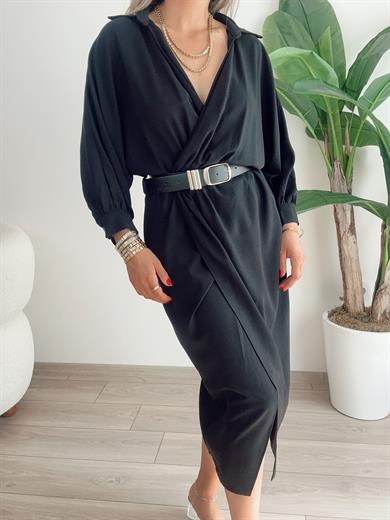 Siyah Kemerli Dokuma Elbise