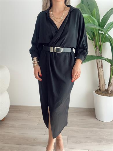 Siyah Kemerli Dokuma Elbise