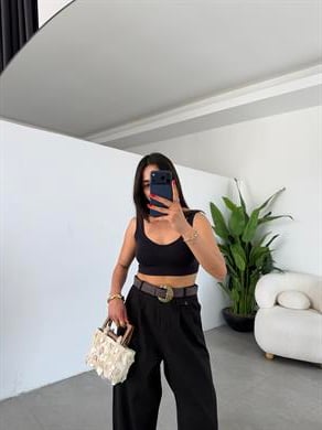 Siyah Kemerli Keten Pantolon