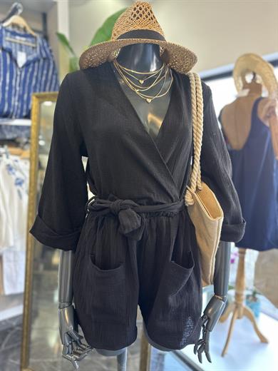 Siyah Keten Kruvaze Tulum